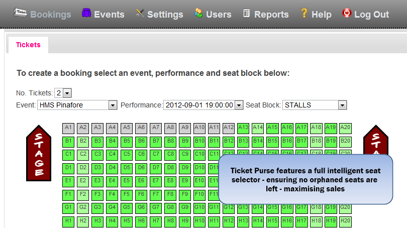 Sample Screen Shot of Ticket Purse Back Office Solution